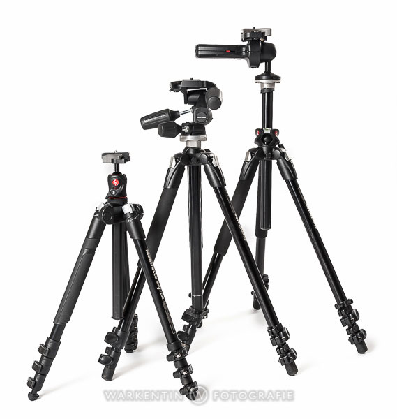 Drei beliebte Manfrotto-Stative, das BeFree mit Kugelkopf, das 190XB mit 3-Wege-Neiger 804RC2 und das 190XPROB mit Pistolengriff 322RC2. (Foto: Karl H. Warkentin)